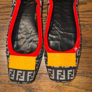 Fendi Black FF Canvas Ballet Flats with Red Trim and Yellow Plaque